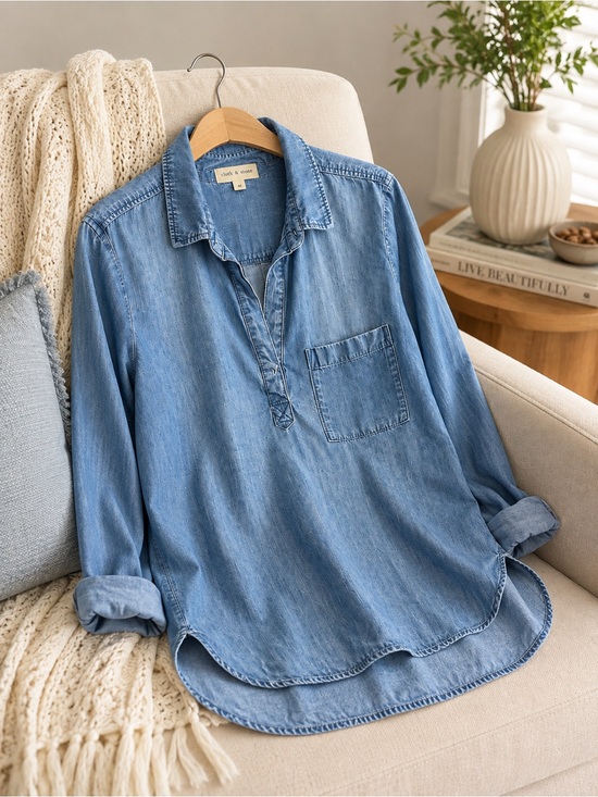 cloth & stone Tops - Cloth & Stone Chambray Pullover Tunic Shirt Size M Blue Collared Long Sleeve